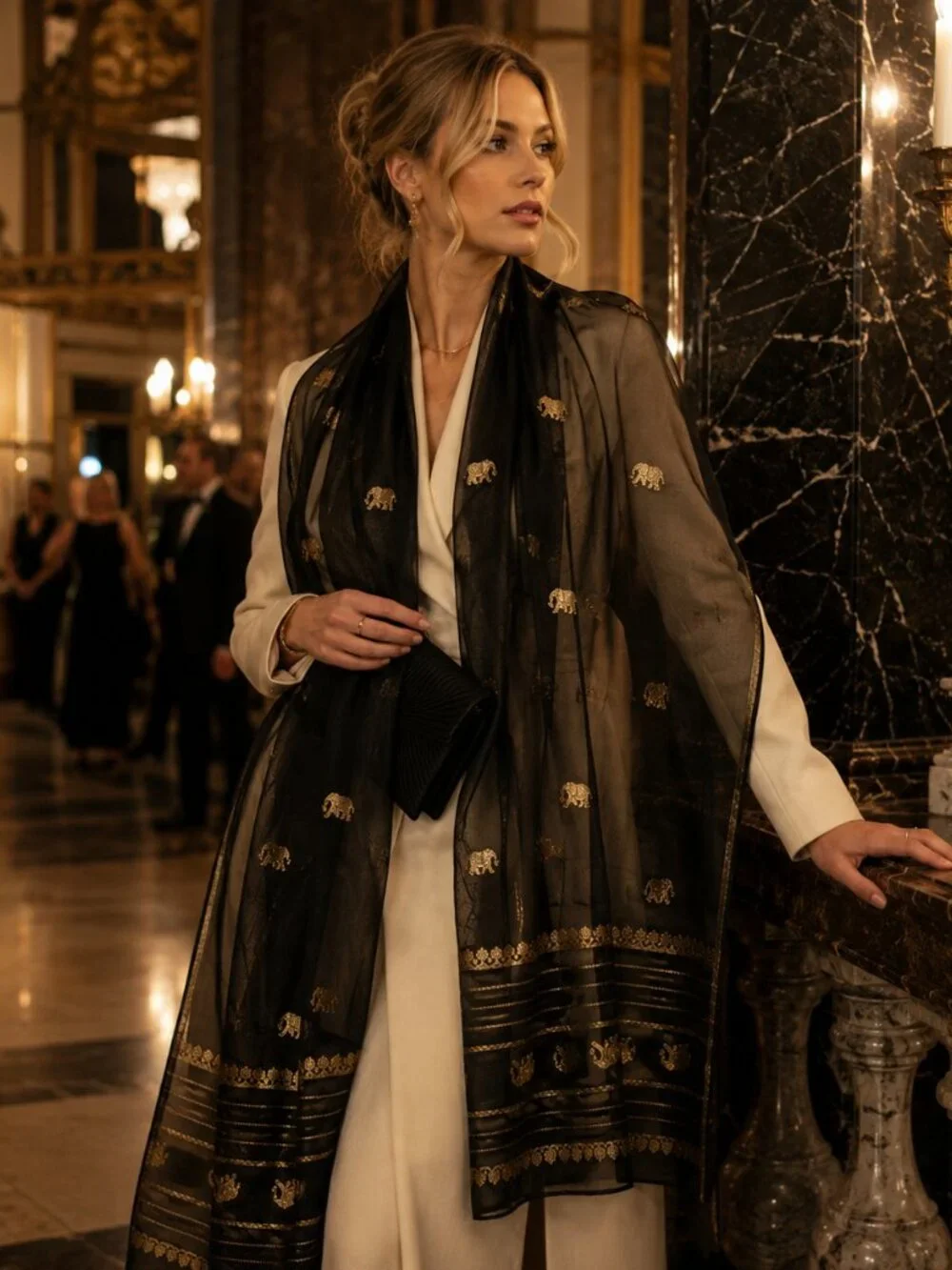 Sheer Black & Gold Embroidered Evening Scarf Shawl | Quiet Luxury